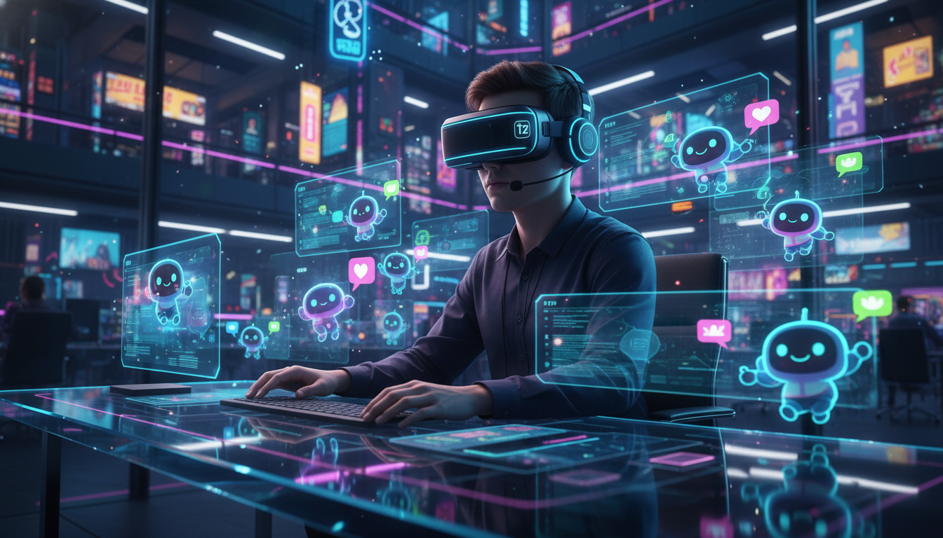 Glossário de termos essenciais sobre IA para Redes Sociais — Um atendente de suporte ao cliente em um call center moderno, usando um headset. Vários chatbots amigáveis, representados como pequenos per