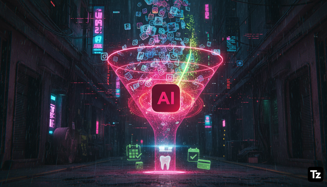 Glossário de termos essenciais sobre IA para Vendas no Instagram — Um diagrama visual que mostra um funil de vendas do Instagram para uma clínica odontológica. No topo do funil, uma grande quantidade 