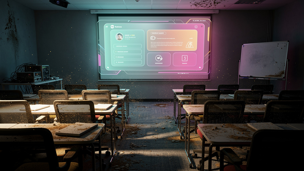 Glossário de termos essenciais sobre plataformas corporativas em 2026 — Ilustração de uma sala de treinamento corporativa com cadeiras vazias e poeira visível, contrastando com uma tela holográfica ex