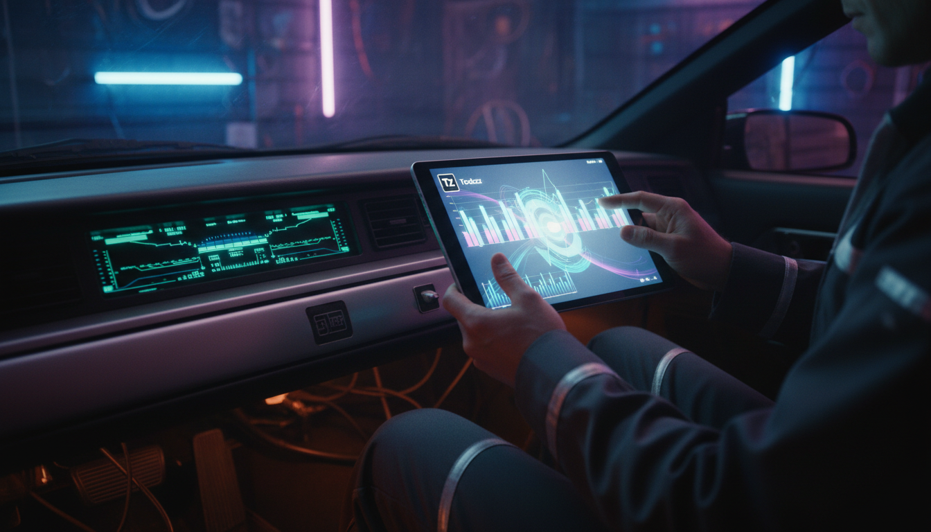 GM EV1: A Restauração de um Ícone e o Futuro da Inovação EV — Um close-up dramático do painel de instrumentos do EV1 original, mostrando a interface digital pioneira. Um engenheiro da GM está usando u