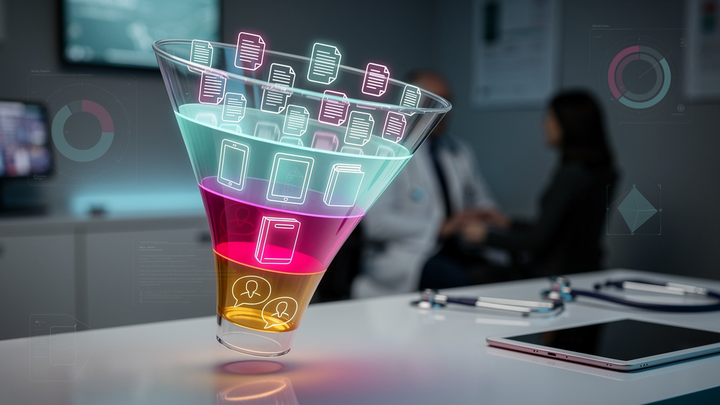 Google AI Overviews e SEO: Como Clínicas e Consultórios Podem Vencer — Close-up de um funil de marketing visualmente atraente, com ícones representando cada etapa (ToFu, MoFu, BoFu). Cada etapa do fun