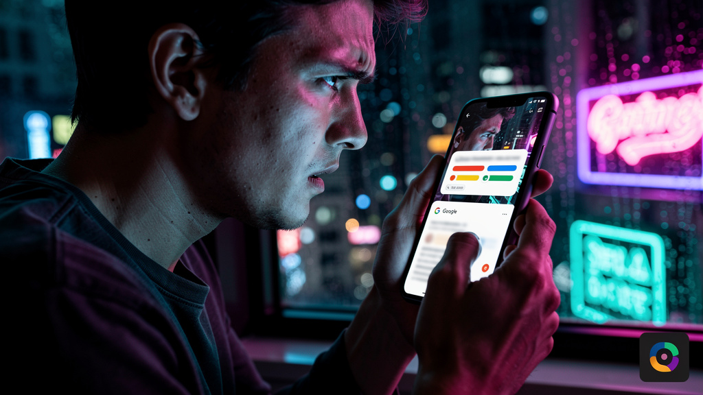 Google AI Overviews e SEO: Estratégias de Conteúdo Zero-Click — Um usuário frustrado olhando para a tela do celular com a página de resultados do Google (SERP) mostrando apenas o Google AI Overviews e
