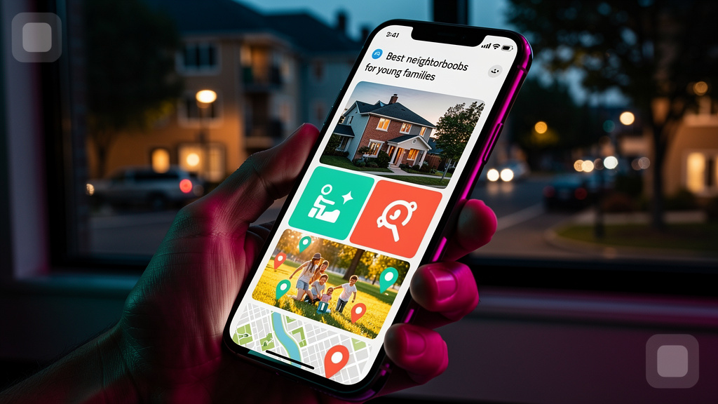Google AI Overviews e SEO: Guia para Imobiliárias — Um close-up de um smartphone exibindo a interface do Google AI Overviews, mostrando um resumo conciso e visualmente atraente sobre 'melhores bairros