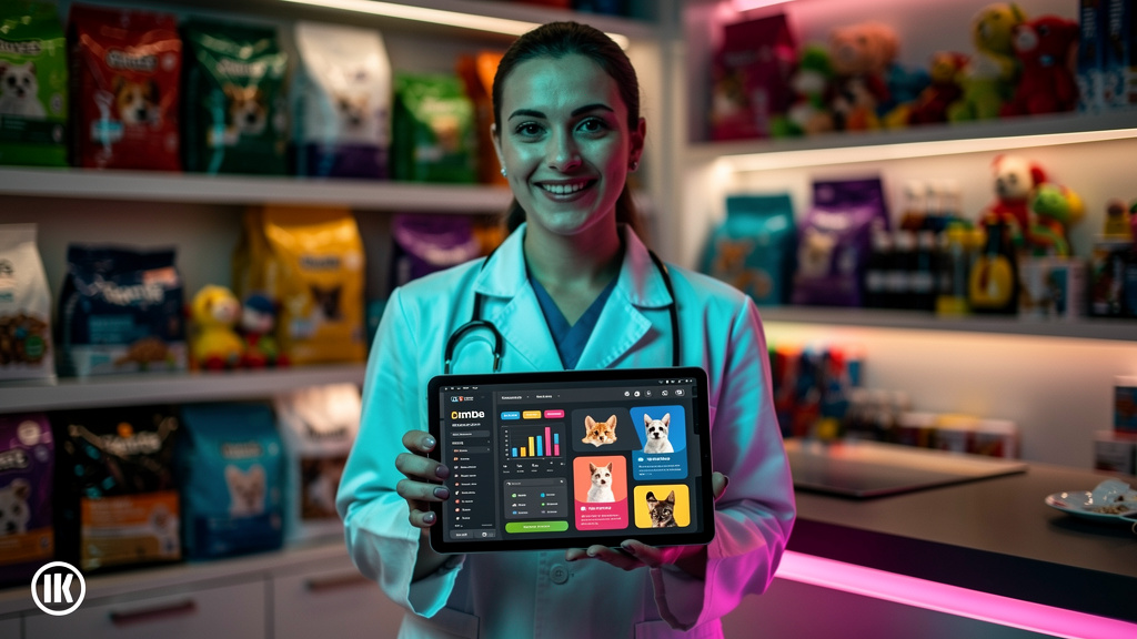 Google AI Overviews e SEO: Guia para Pet Shops e Veterinárias — Um veterinário sorrindo, usando um estetoscópio e segurando um tablet que exibe um AI Overview do Google com informações sobre cuidados 