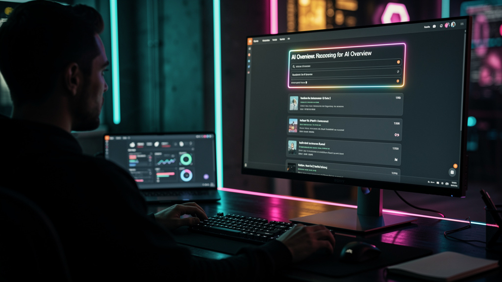 Google AI Overviews: Impacto no SEO e Estratégias com IA — Uma tela de computador mostrando uma página de resultados de pesquisa do Google. Na parte superior, um Google AI Overview apresenta um resumo