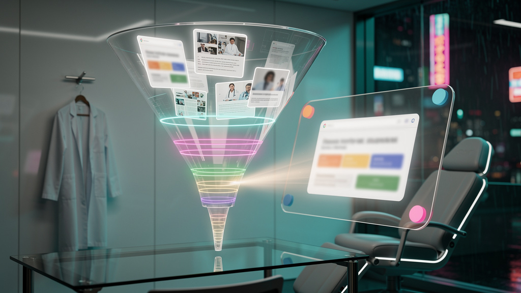 Google AI Overviews: SEO para Clínicas e Consultórios — Um diagrama visual que representa como os LLMs indexam conteúdo, mostrando um funil onde o conteúdo do site da clínica (artigos, páginas de serv