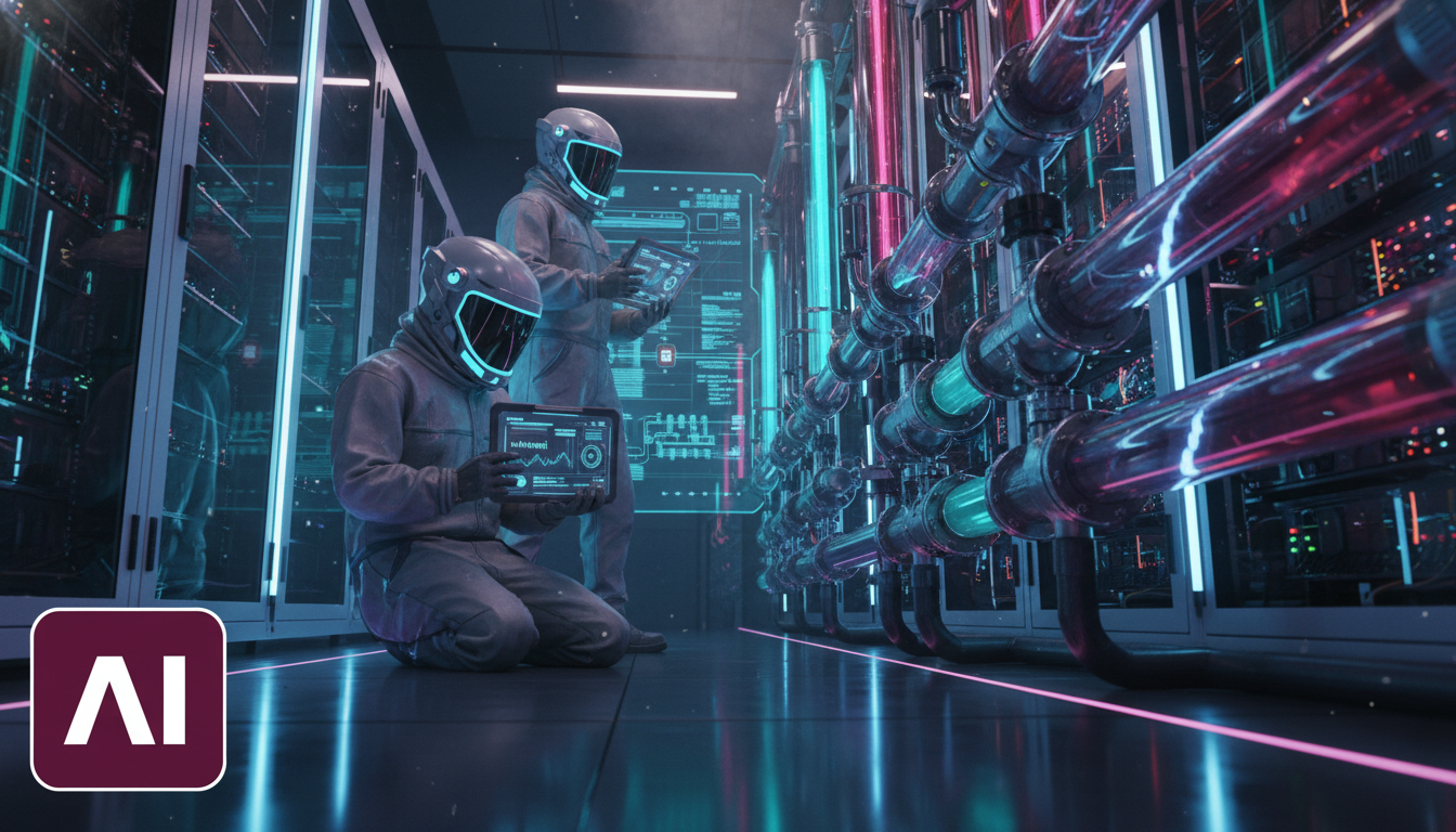 Google Busca Soluções de Refrigeração na China para Data Centers de IA — Close-up de técnicos em trajes de proteção trabalhando em um sistema de refrigeração líquida dentro de um data center. Um paine