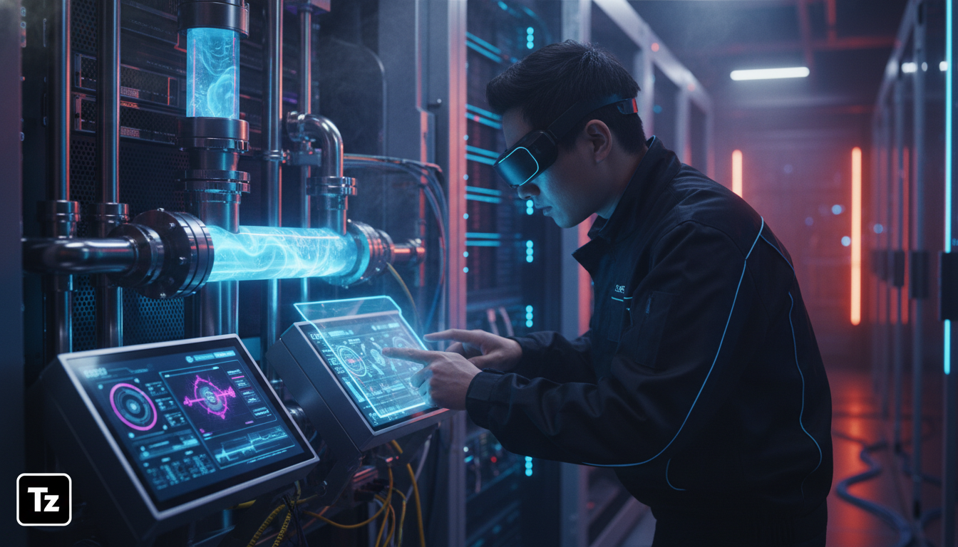 Google Busca Soluções de Resfriamento Líquido na China para Data Centers de IA — Close-up detalhado de uma unidade de distribuição de refrigerante (CDU) da Envicool sendo inspecionada por um engenheir