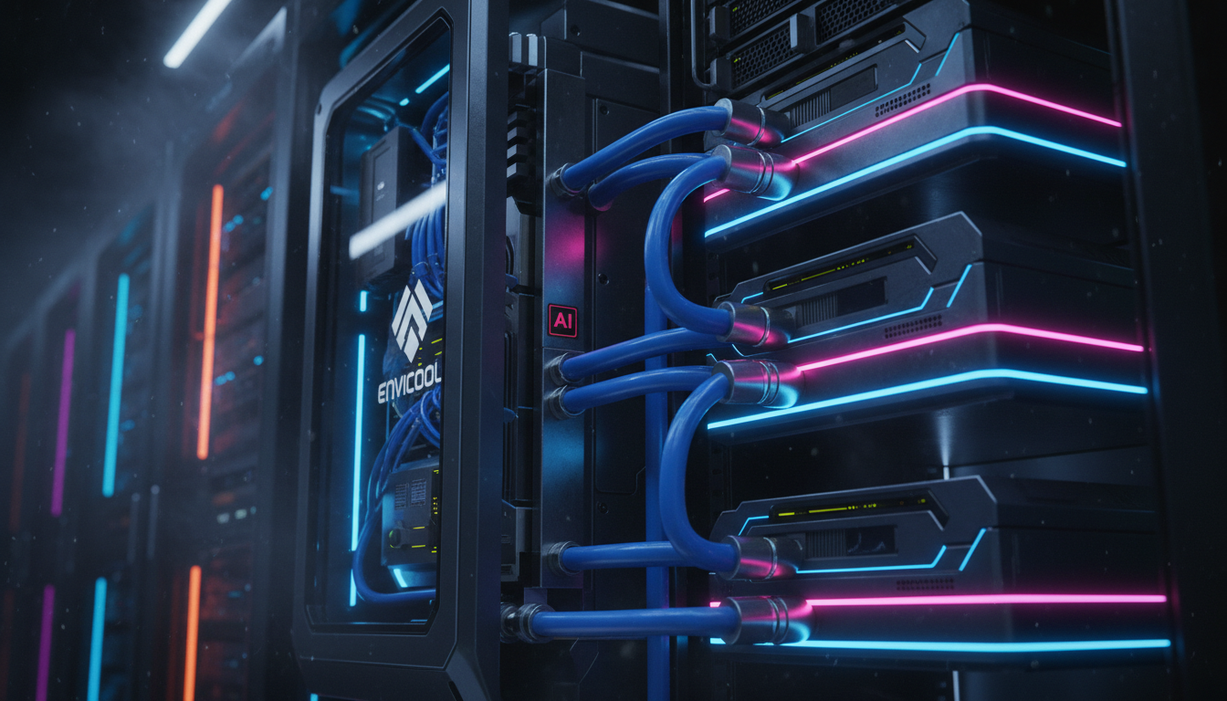 Google Busca Soluções de Resfriamento na China para Data Centers de IA — Close-up de uma unidade de distribuição de refrigerante (CDU) da Envicool, com detalhes dos componentes internos visíveis. Tubo