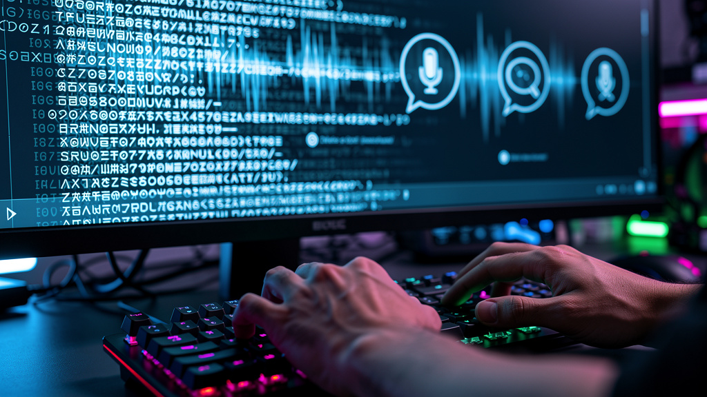 Google Stitch e o Futuro da Voz: Como a IA Transforma o Atendimento — Um close-up estilizado das mãos de uma pessoa digitando em um teclado, com linhas de código se formando em tempo real na tela de u