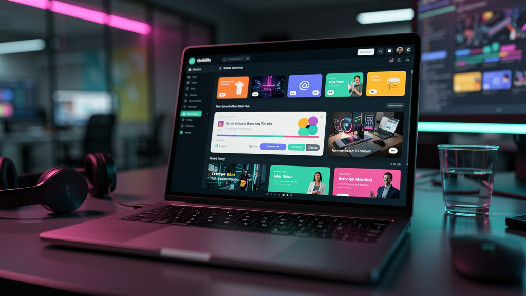 GoSkills Explicado: 7 Alternativas Essenciais em LXP para 2026 — Um close-up estilizado de uma tela de laptop mostrando a interface do GoSkills, com áreas borradas e outras em foco nítido, simbolizand