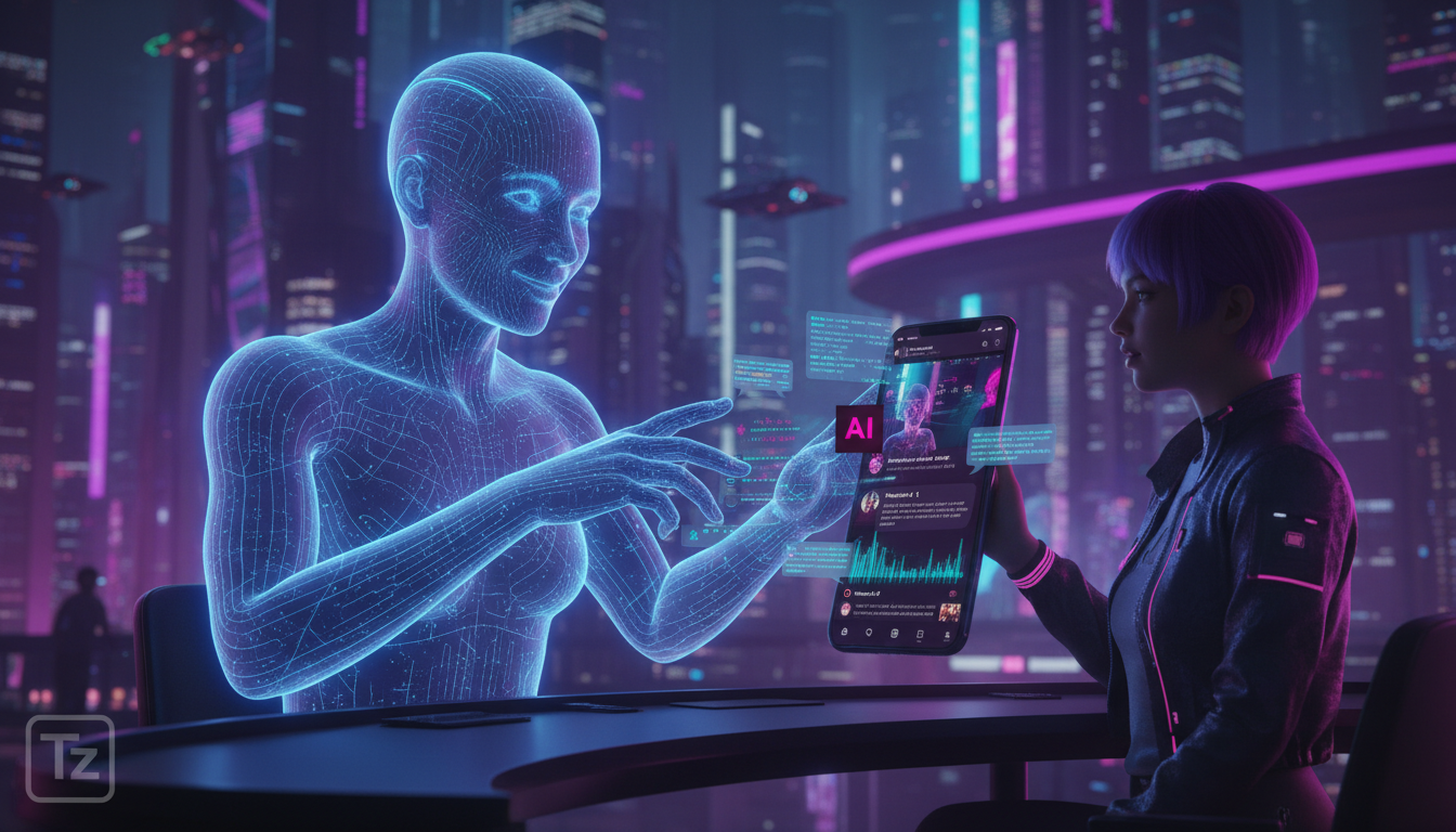 Governança da Automação Instagram: Melhores Práticas 2026 — Um agente de IA virtual, com aparência amigável e profissional, interagindo com um cliente através de uma tela de smartphone que exibe o Ins