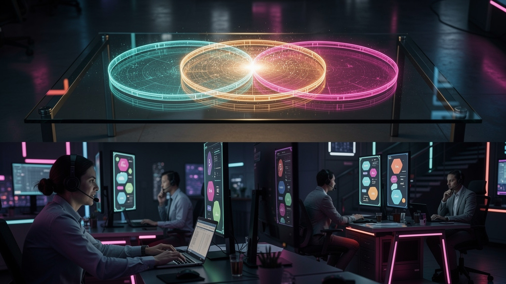 Governança de Chatbots: 7 Melhores Práticas para 2026 — Um diagrama de Venn colorido mostrando a sobreposição entre 'Automação', 'Inteligência Artificial' e 'Atendimento Humano'. A área de interseção 