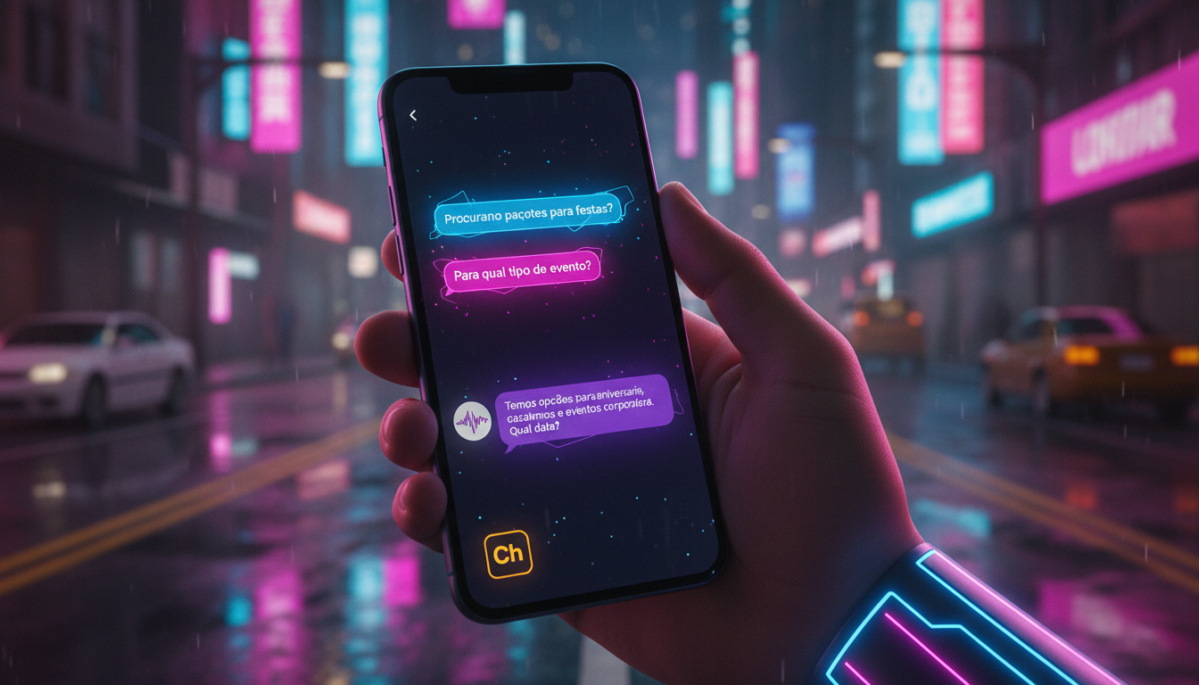 Governança de IA: melhores práticas para 2026 — Close-up de uma tela de smartphone exibindo uma interface de chatbot de IA em ação. O chatbot responde a perguntas sobre pacotes de eventos e festas, co