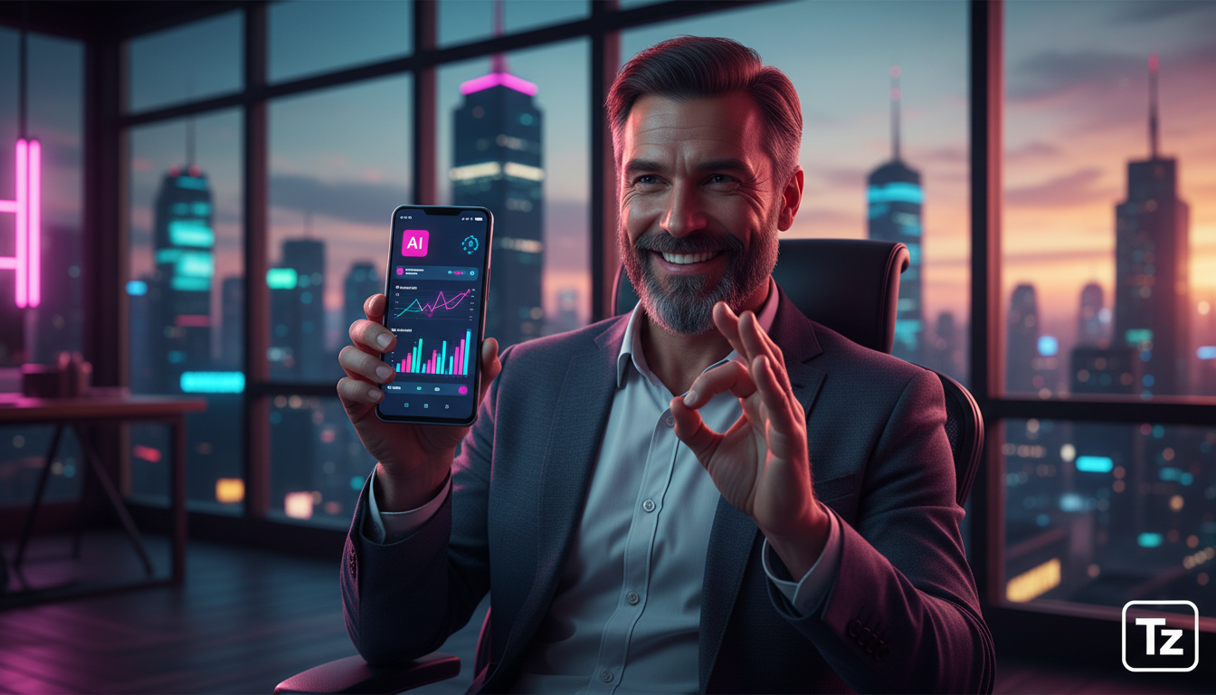 Governança de IA: melhores práticas para 2026 — Um agente imobiliário utilizando o Agente AI Influencer da Toolzz em um smartphone. A tela do celular mostra uma interface intuitiva com gráficos de des