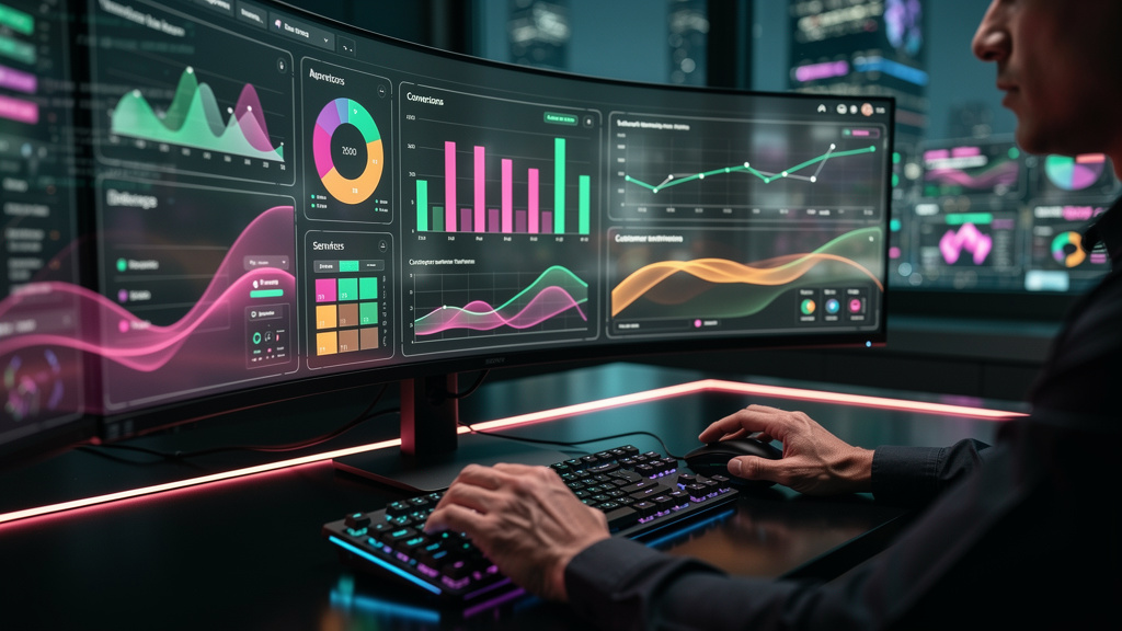 Governança de IA para Instagram: 7 Melhores Práticas — Um close-up das mãos de um analista de marketing trabalhando em um dashboard complexo exibindo métricas do Instagram. Gráficos de barras e linhas