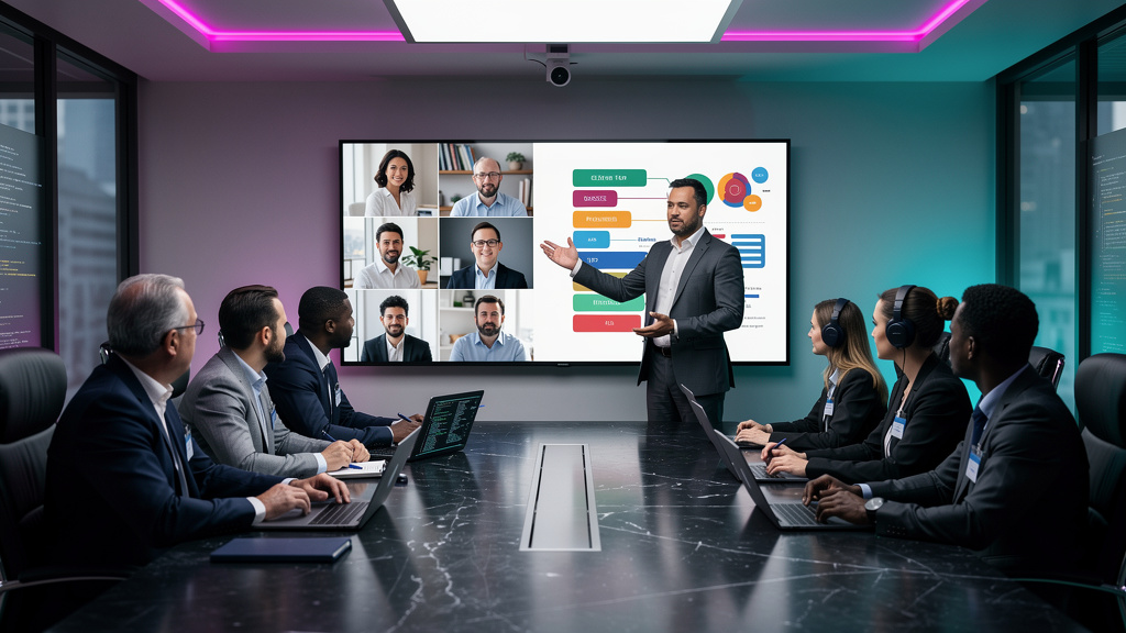 Governança de LXP: 7 Melhores Práticas para 2026 — Um comitê multidisciplinar reunido em uma sala de conferências moderna. Na tela, um painel com o logo da Toolzz exibe os rostos de diversos colaborad