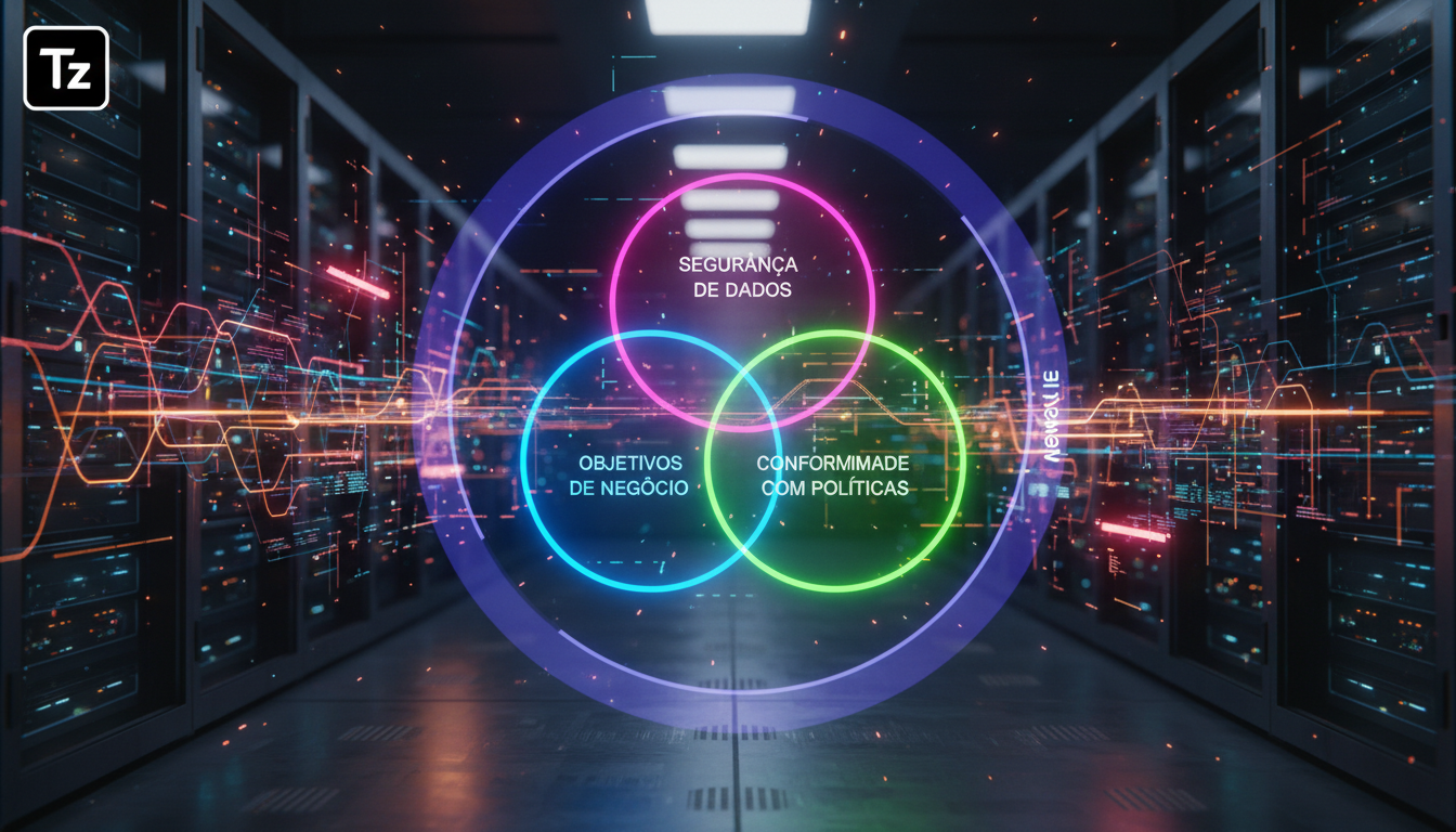 Governança de Meta Business Suite IA: melhores práticas — Diagrama de Venn mostrando a interseção entre 'Objetivos de Negócio', 'Segurança de Dados' e 'Conformidade com Políticas' dentro de um círculo
