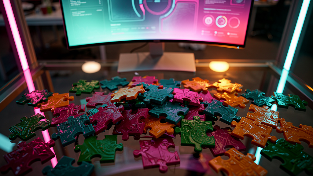 Governança de Trilhas de Aprendizagem: Melhores Práticas — Um quebra-cabeça visual onde as peças representam diferentes cursos e treinamentos. As peças estão espalhadas e desconexas, simbolizando a fa