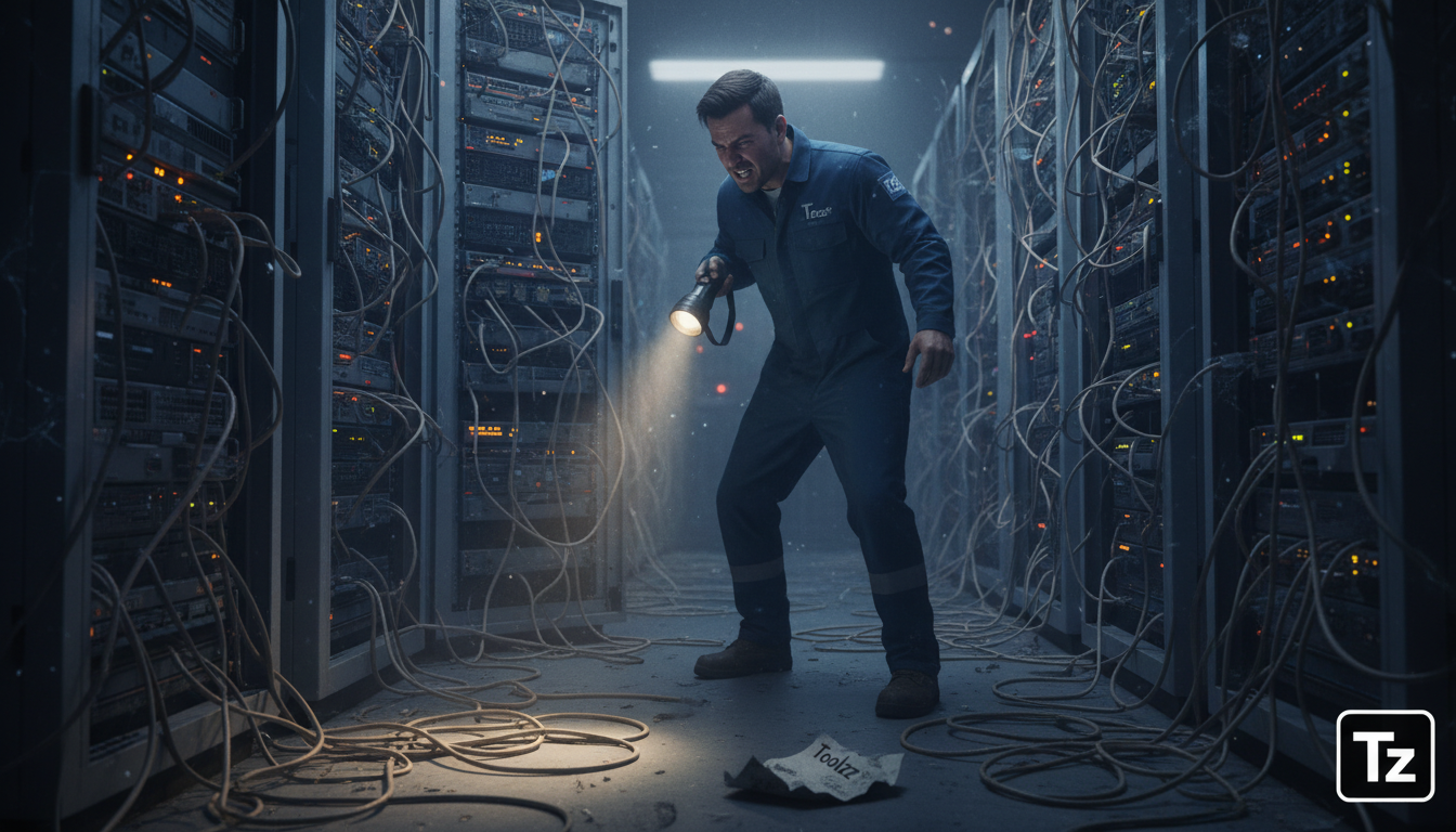 Gráficos vs. CMDB: A Evolução da Gestão de Serviços com IA — Um depósito de CMDBs tradicionais empoeiradas e desorganizadas, com cabos desconectados e luzes piscando aleatoriamente. Um funcionário de 