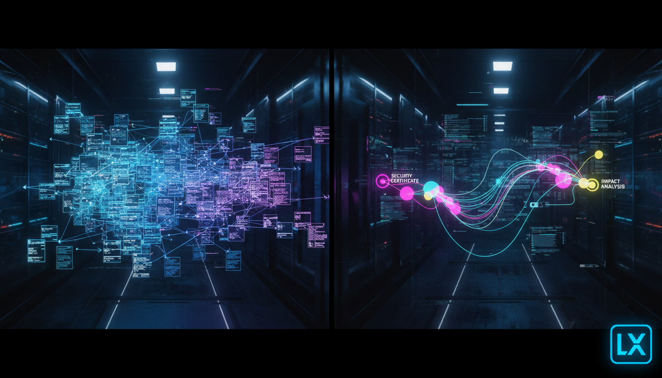Graph Over Tables: IA e a evolução da gestão de serviços — Um diagrama infográfico comparando a complexidade de uma consulta para identificar o impacto da rotação de um certificado de segurança. No la