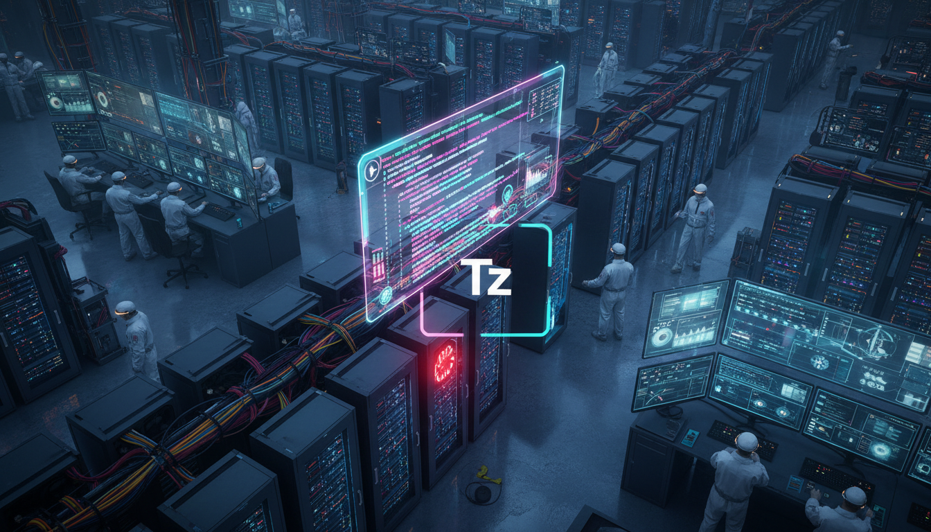 Guardrails Comportamentais: Protegendo Agentes de IA Autônomos em Tempo Real — Visão aérea de um data center movimentado, com técnicos em macacões brancos monitorando telas que exibem fluxos complexos