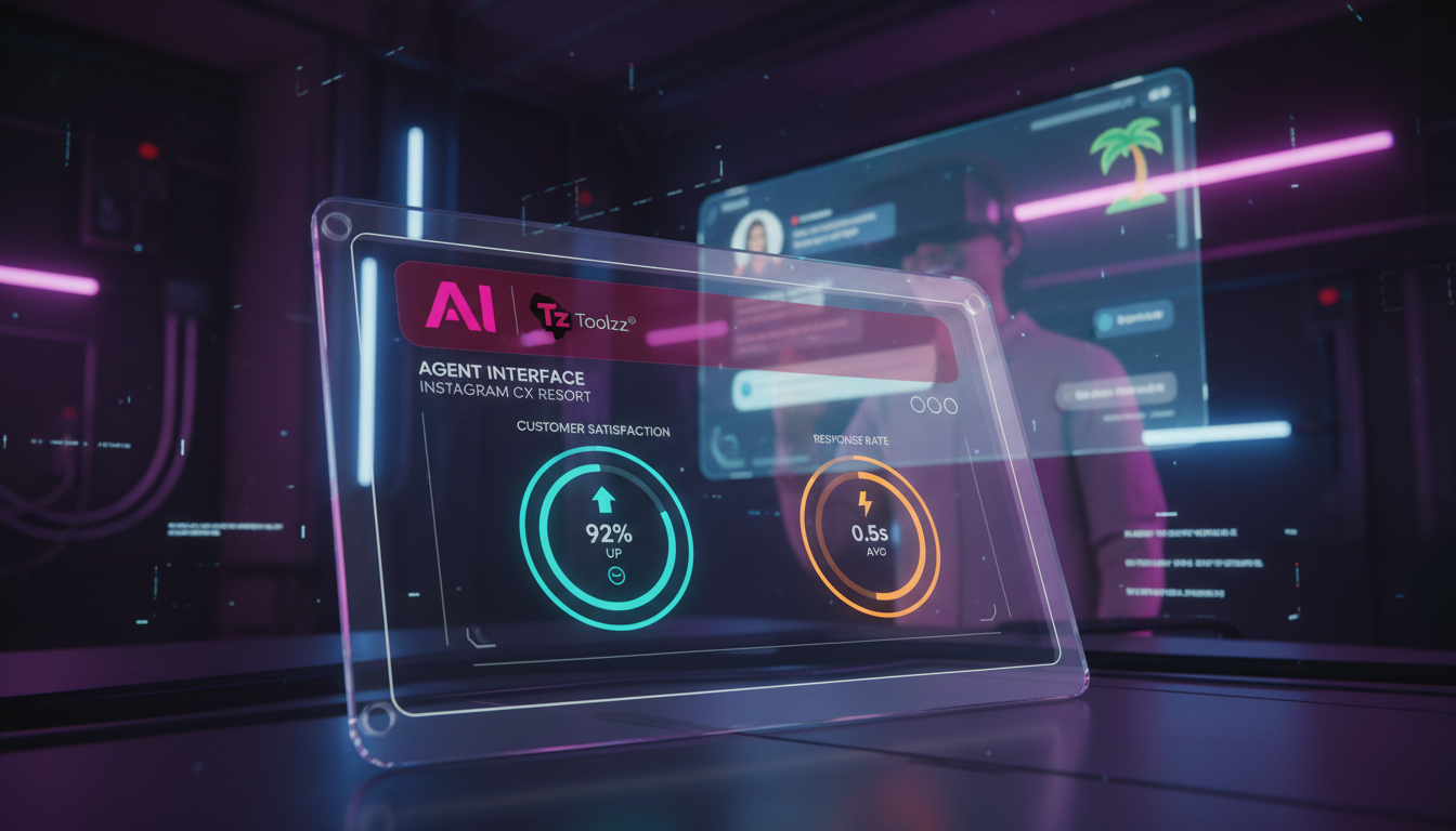 Guia de melhores práticas de IA no Instagram 2026 — Um tablet exibindo o painel de controle do Agente AI da Toolzz, mostrando métricas de atendimento ao cliente no Instagram para um resort de luxo. O 