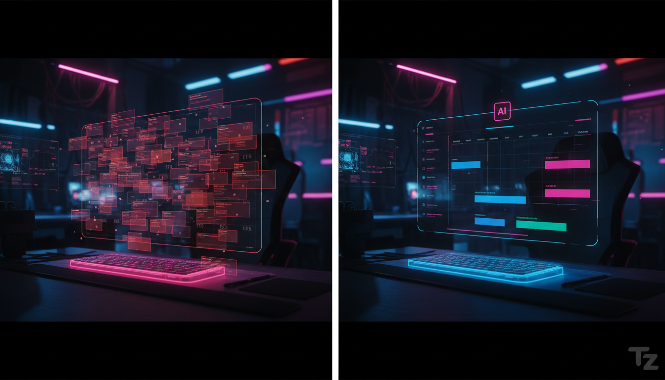 Guia de melhores práticas de IA para Instagram Business 2026 — Uma tela dividida mostrando, de um lado, um calendário complexo com compromissos sobrepostos e, do outro, a mesma agenda organizada e oti