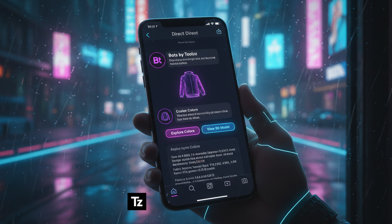 Guia de melhores práticas de Instagram Commerce com IA em 2026 — Um close-up de um smartphone exibindo uma conversa no Instagram Direct. Um chatbot de IA da Toolzz responde automaticamente a perguntas