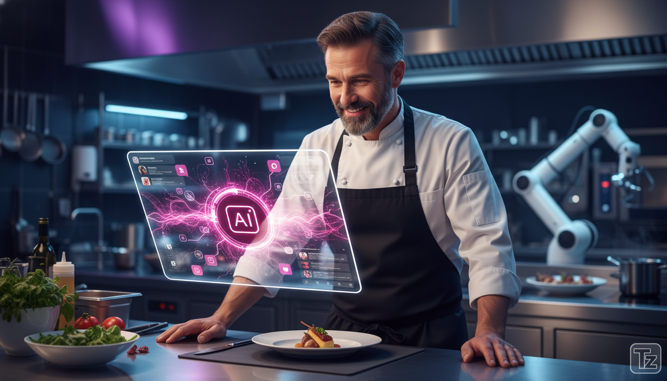 Guia definitivo de Agentes IA para Social Media em 2026 — Close-up de um chef de cozinha sorrindo enquanto observa um agente de IA da Toolzz responder a pedidos e dúvidas de clientes do Instagram em u