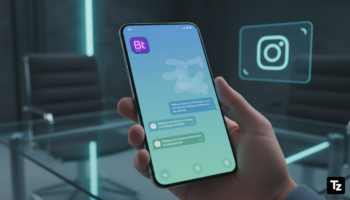 Guia Definitivo de Automação do Instagram para Profissionais em 2026 — Close-up de um smartphone mostrando a interface de um chatbot da Toolzz Bots conversando com um cliente. A conversa simula um ate