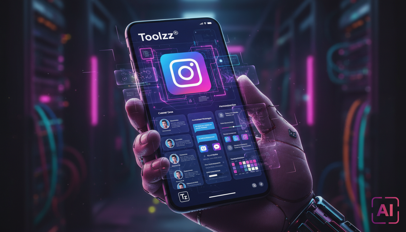 Guia definitivo de Automação no Instagram para Profissionais — Close-up de uma tela de celular mostrando a API do Instagram sendo integrada a um painel de controle da Toolzz. A interface da Toolzz exi