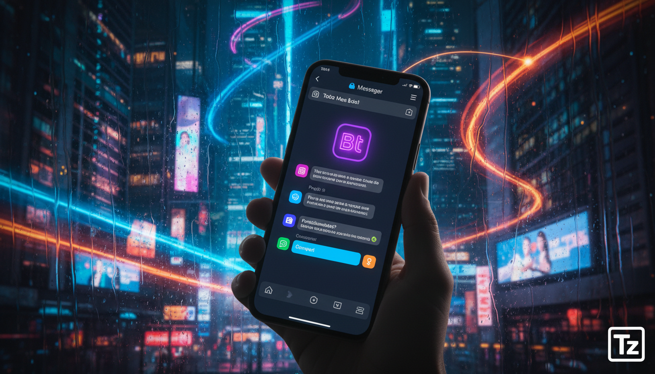 Guia definitivo de Automação no Instagram para profissionais — Um close-up de um smartphone mostrando uma conversa no Instagram Messenger. A conversa exibe um chatbot da Toolzz respondendo automaticam