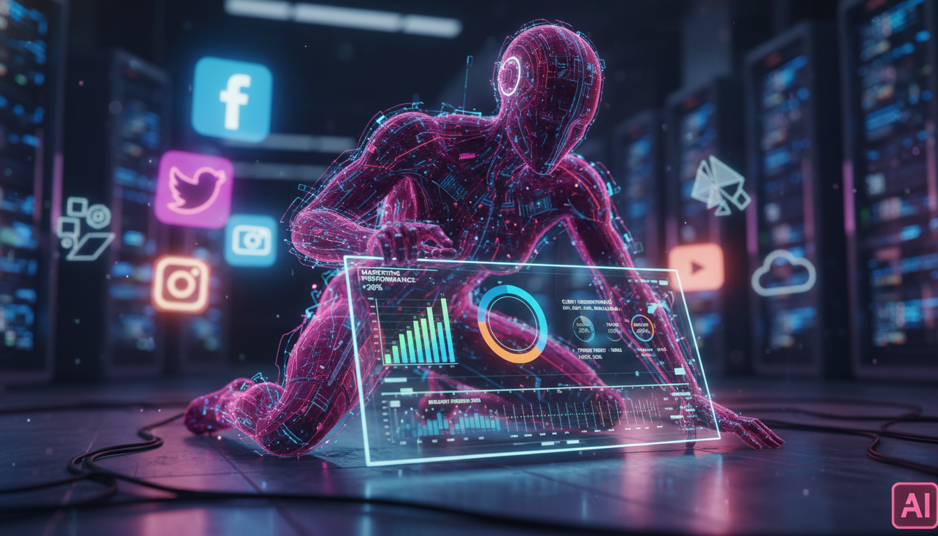 Guia definitivo de IA para Marketing Fitness em 2026 — Um agente de IA representado como uma figura humanoide estilizada, mas não robótica, analisando dados em um painel de controle virtual. O painel 