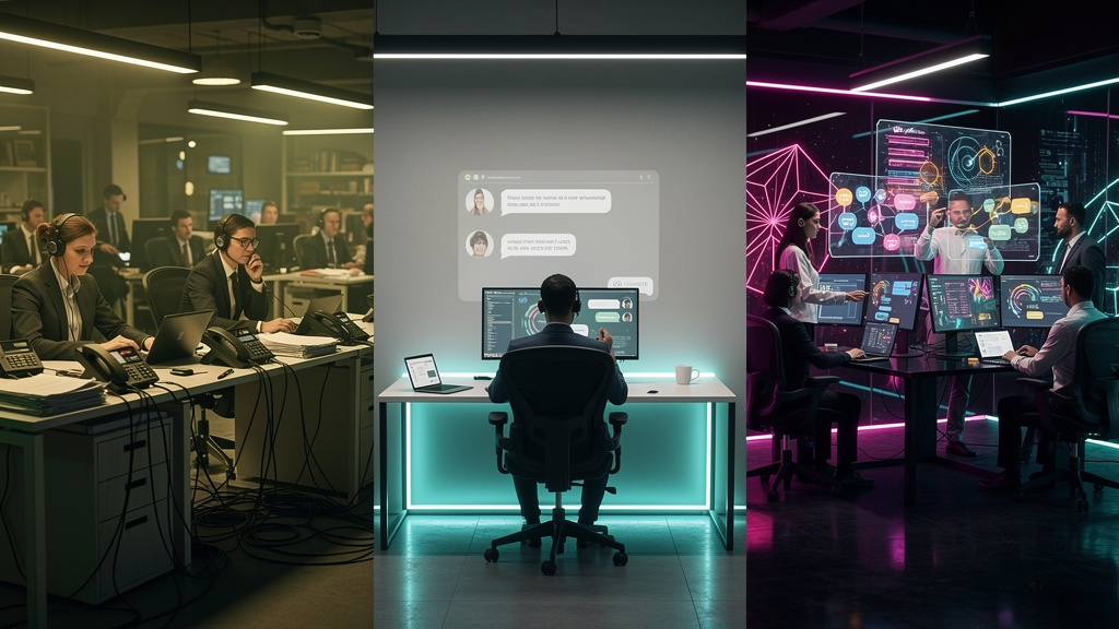 Guia definitivo de Integração Chatbot, IA e Atendimento para profissionais — Uma linha do tempo visual que mostra a evolução do atendimento ao cliente: começando com um call center tradicional, passan