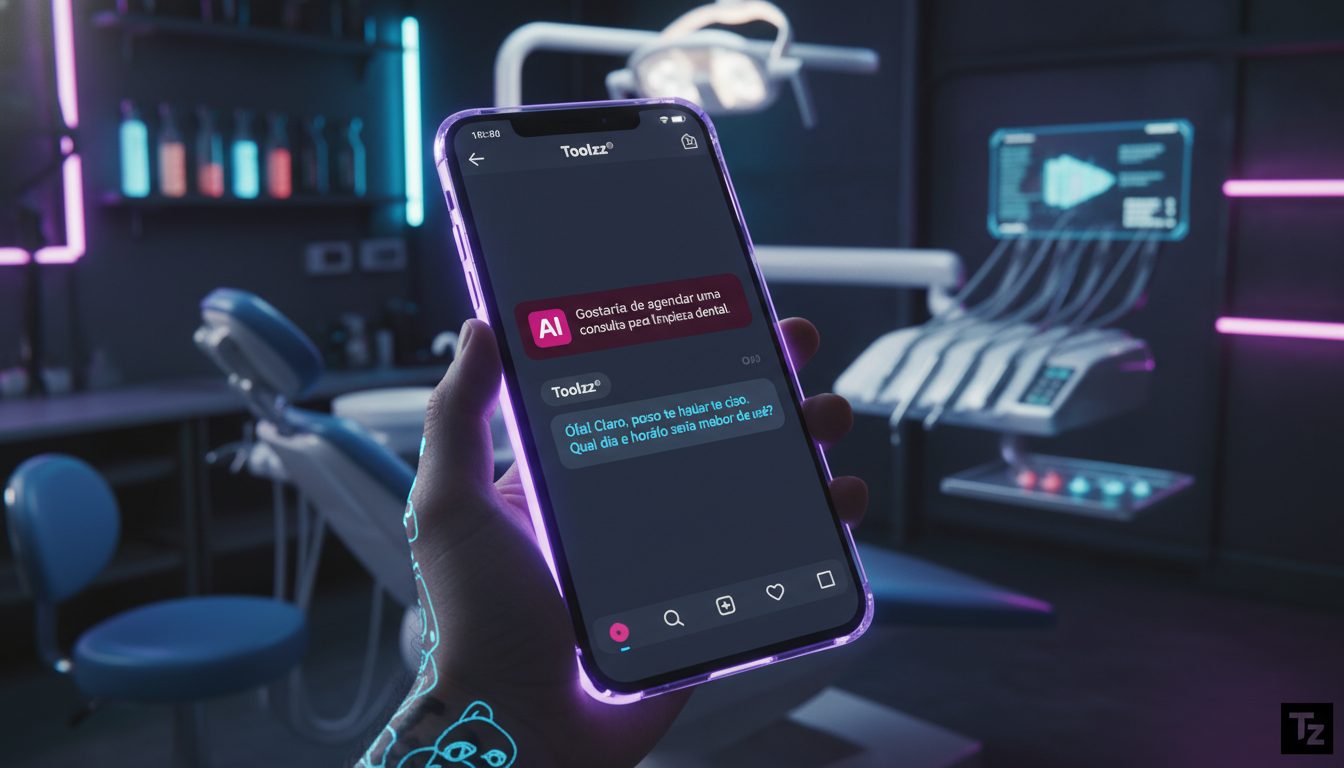Guia ilustrado de Agente de Suporte AI para Instagram em 2024 — Um smartphone exibindo uma notificação de mensagem do Instagram. A tela do celular mostra um chatbot da Toolzz AI respondendo instantane