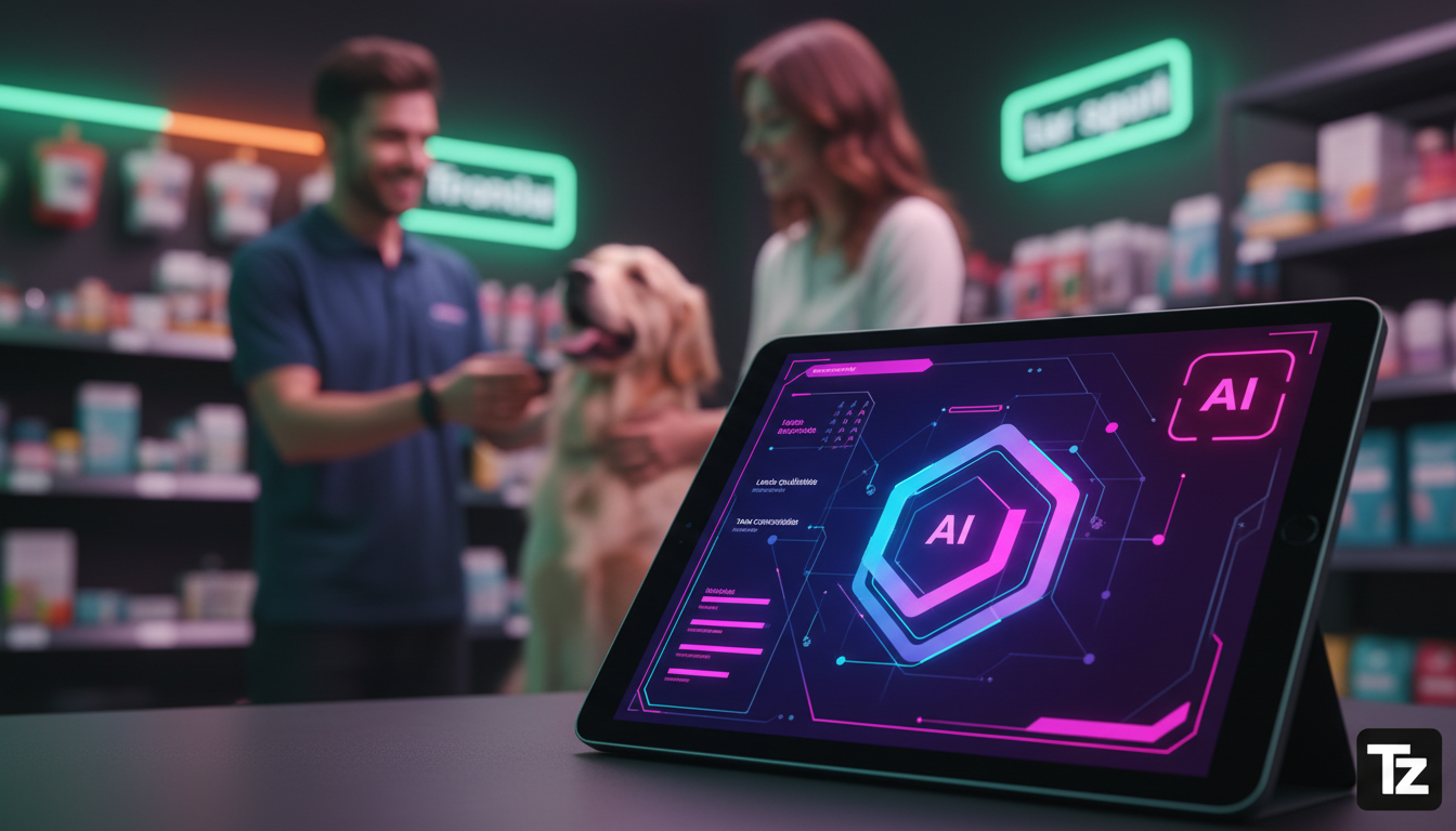 Guia ilustrado de Agente IA Social Media para Pet Shops — Um close-up de um tablet exibindo um painel de controle de um agente de IA. O painel mostra métricas de atendimento ao cliente, como tempo de 