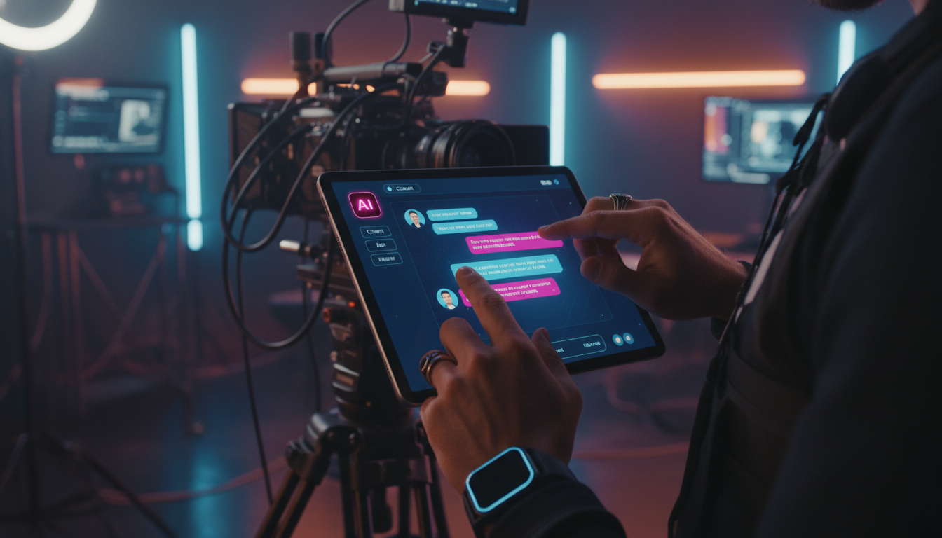 Guia ilustrado de IA no Instagram para fotógrafos e videomakers — Um close-up das mãos de um videomaker ajustando as configurações de um chatbot Toolzz em um tablet. A tela do tablet exibe uma interfa