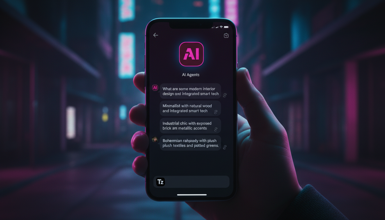 Guia ilustrado de IA para Redes Sociais em 2024 — Close-up em uma tela de smartphone mostrando uma conversa de DM no Instagram. O usuário está perguntando sobre opções de design de interiores, e o Age