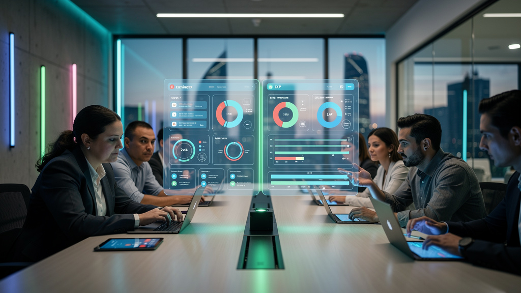 Guia ilustrado de LXP: Toolzz vs. Agile Learning para empresas em 2026 — Uma sala de reunião moderna e minimalista, com uma projeção holográfica da interface da Toolzz LXP no centro da mesa. Os partic