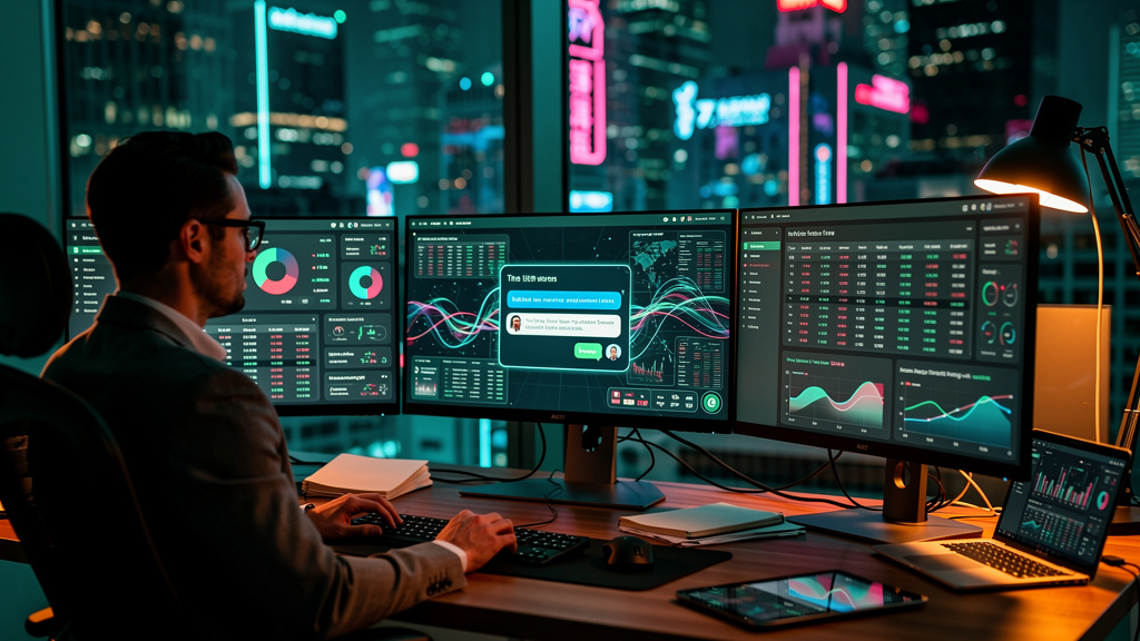 Guia ilustrado de Perplexity SEO para Contabilidades — Um contador moderno trabalhando em seu escritório, cercado por telas que exibem dados e análises financeiras. Em uma das telas, um chatbot do Per