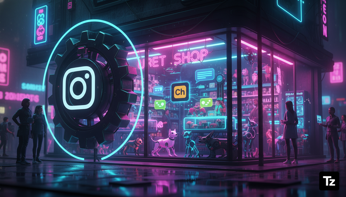 Guia para leigos: entendendo a automação com Instagram API — Ilustração digital: Uma engrenagem gigante com o logo do Instagram girando em torno de uma pet shop colorida e movimentada. Dentro da pet s