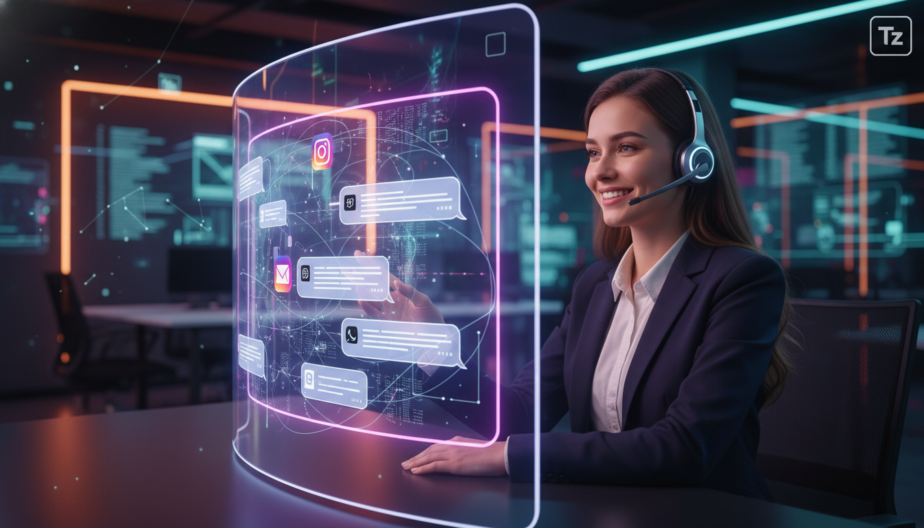 Guia para leigos: entendendo a Meta Business Suite IA — Um atendente de suporte ao cliente, usando um headset, sorri enquanto interage com um painel da Meta Business Suite integrado a uma central de a