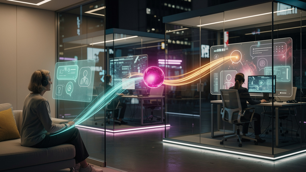 Guia para leigos: entendendo fluxos híbridos no atendimento [2026] — Um diagrama visual que representa o fluxo de atendimento híbrido: um cliente inicia a interação com um chatbot amigável, que então 