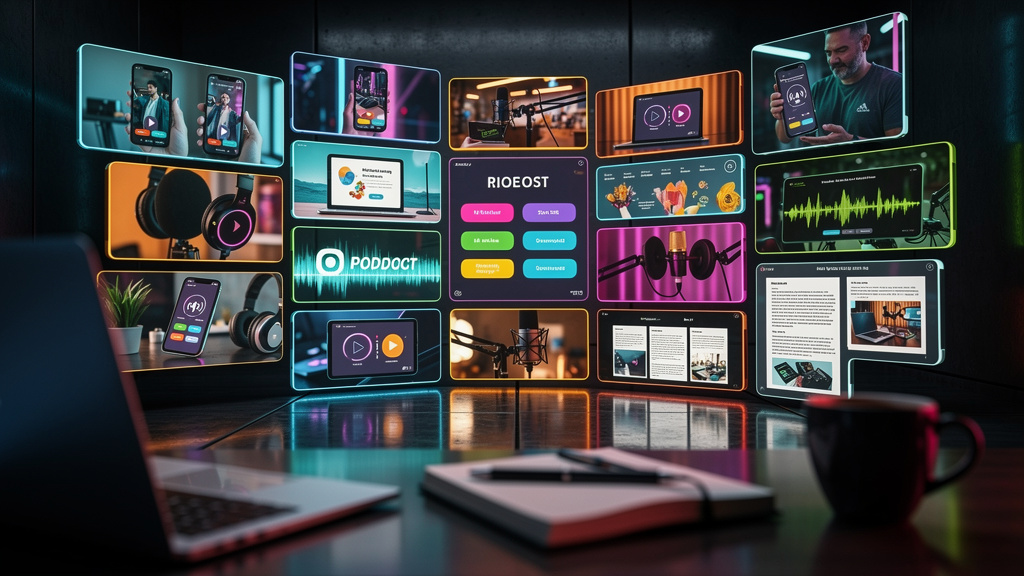 Guia para leigos: entendendo Microlearning em 2024 — Um mosaico de pequenos ícones representando diferentes formatos de microlearning: vídeo curto, infográfico, quiz, podcast e artigo conciso. Cada íc