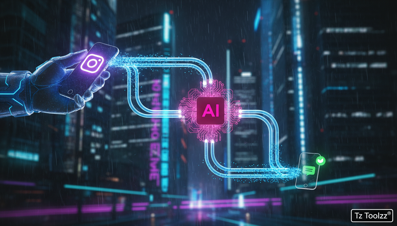 Guia para leigos: entendendo o Chatbot Instagram DM Automática — Um diagrama de fluxo estilizado mostrando como um chatbot Instagram DM automático interage com um usuário. O usuário envia uma mensagem