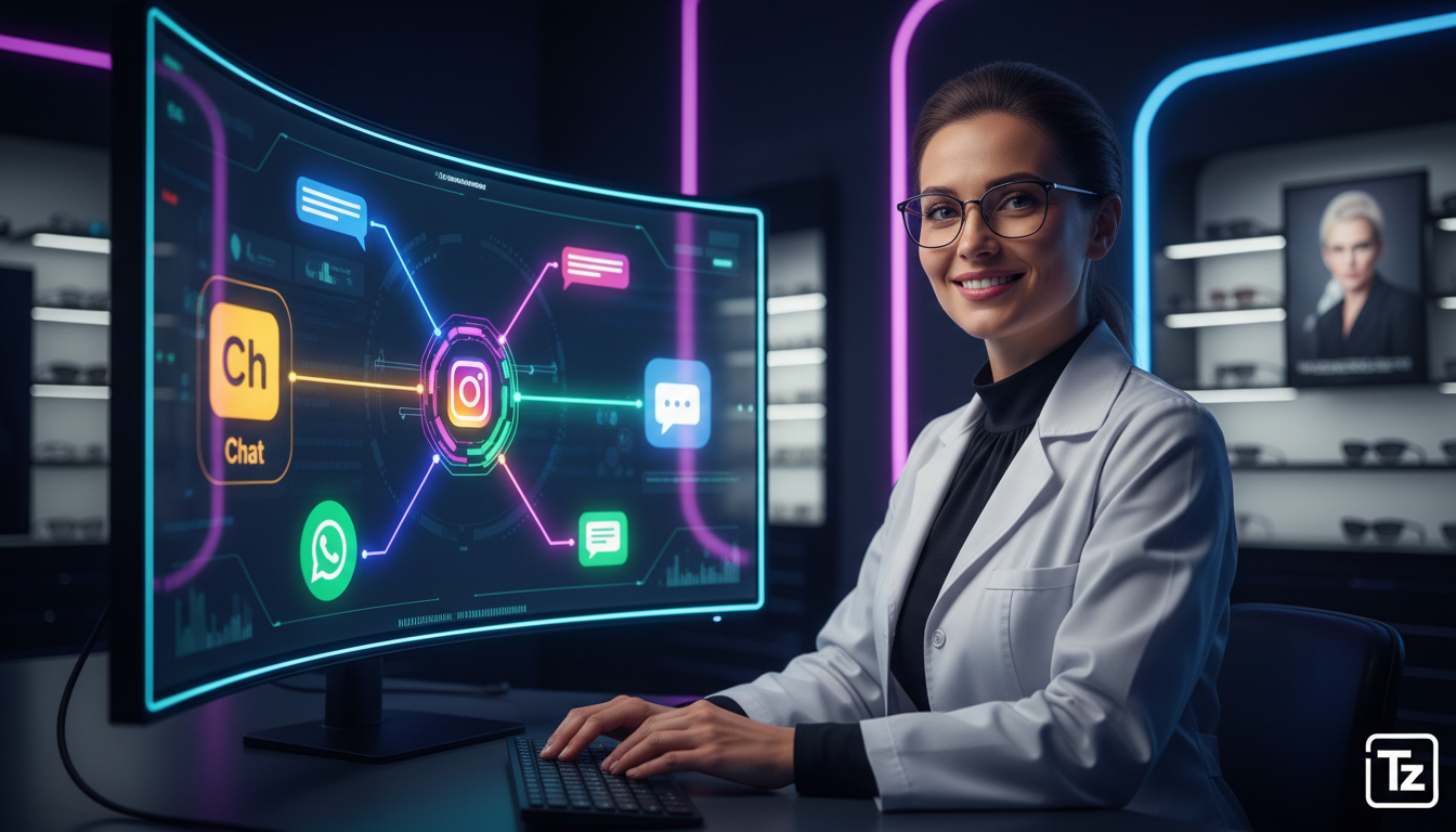 Guia rápido de Automação no Instagram para iniciantes em Óticas — Um atendente de ótica, vestindo um jaleco, sorri enquanto observa um painel de controle omnichannel em seu computador. O painel mostra