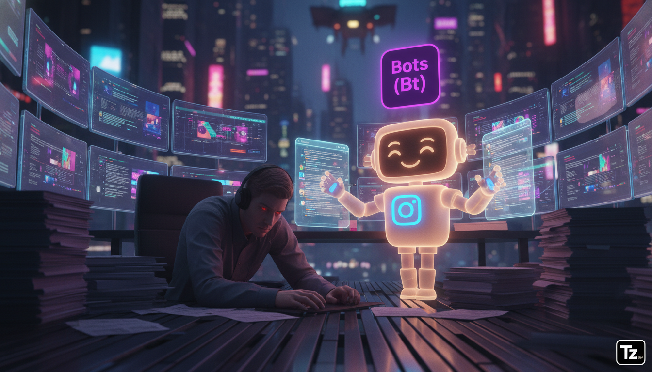 Guia rápido de Chatbot Instagram DM para iniciantes em Marketing — Uma ilustração que mostra um atendente de suporte ao cliente visivelmente exausto, cercado por pilhas de papéis e vários monitores ex