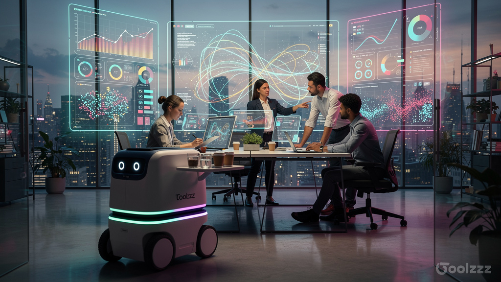 Guia Rápido de Equipes Híbridas de IA e Humanos para Iniciantes em 2026 — Ilustração de uma equipe diversificada de profissionais (designers, analistas, gerentes) trabalhando em um escritório moderno 