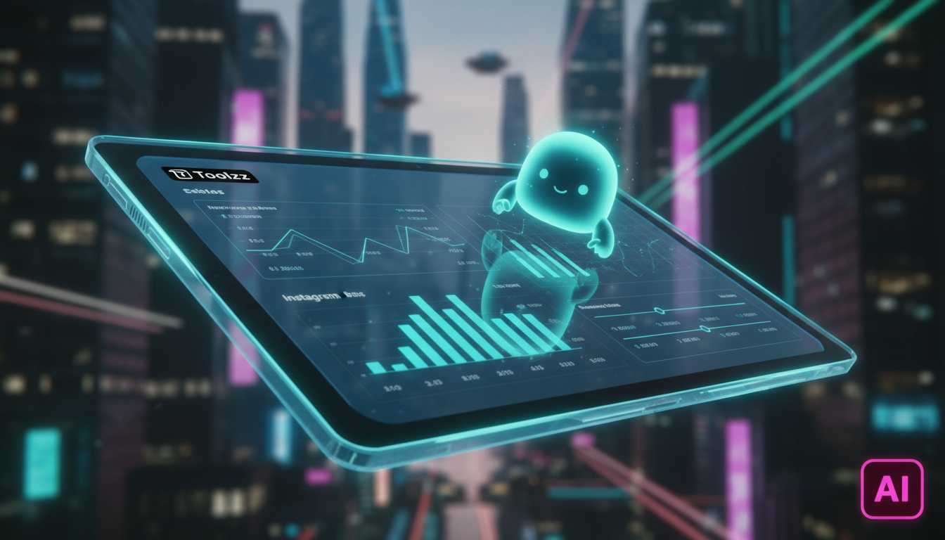 Guia rápido de IA para Instagram Business para iniciantes em 2024 — Close-up de um painel de controle de Instagram Business em um tablet, com gráficos de desempenho e métricas de engajamento. Um agent